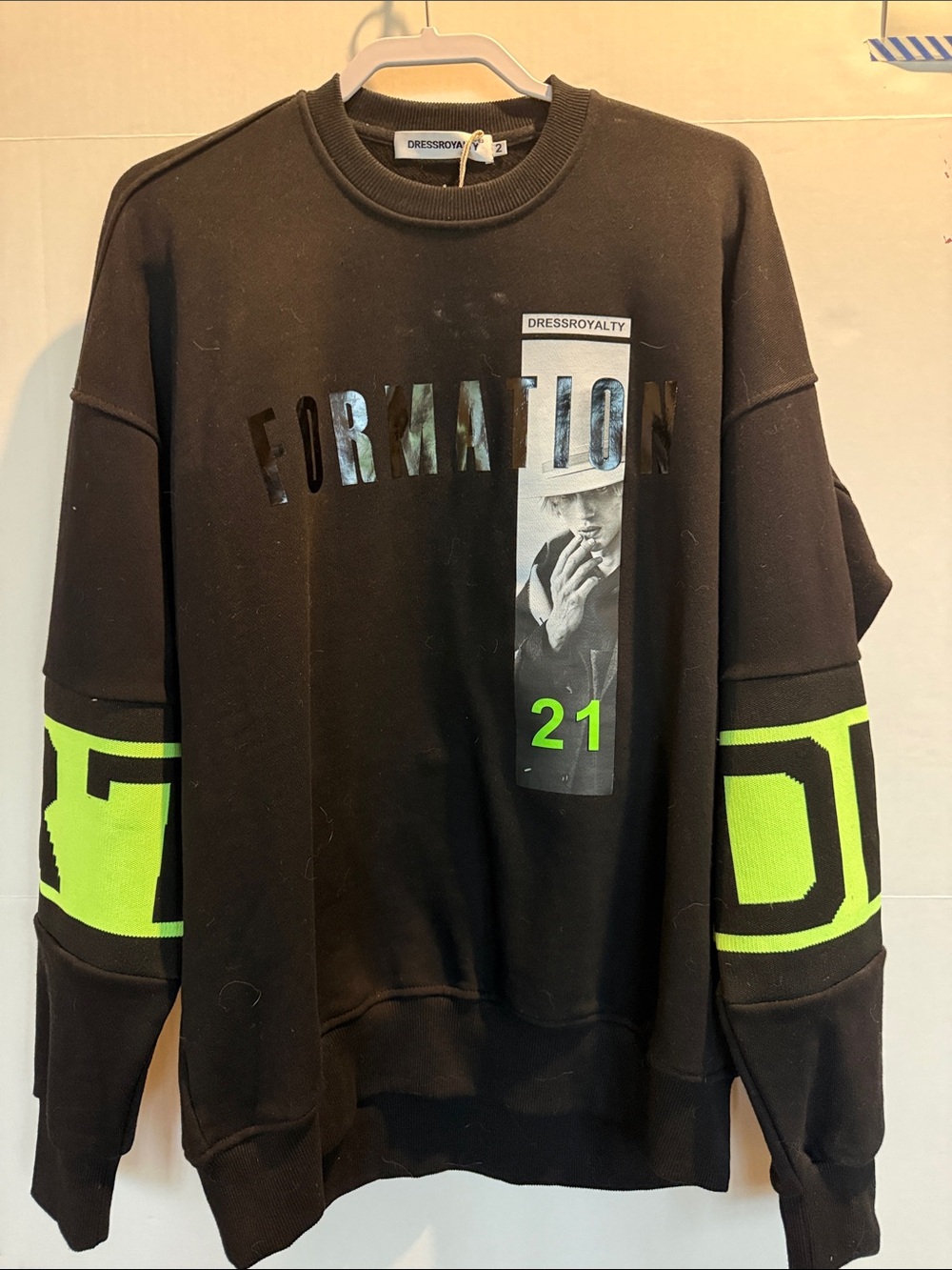 Royalty For Me Black Crewneck Sweatshirt with Neon Green Accents